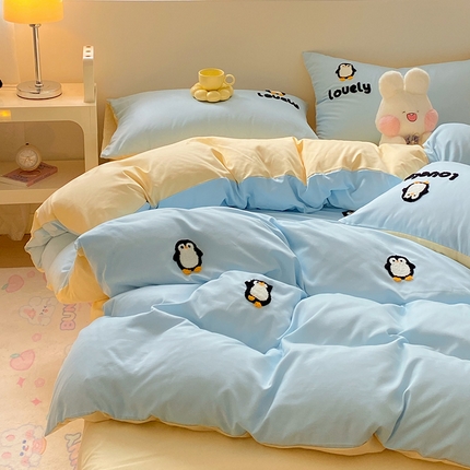眠帛 2024新款亲肤棉卡通毛巾绣四件套 企鹅蛋-天空蓝奶黄
