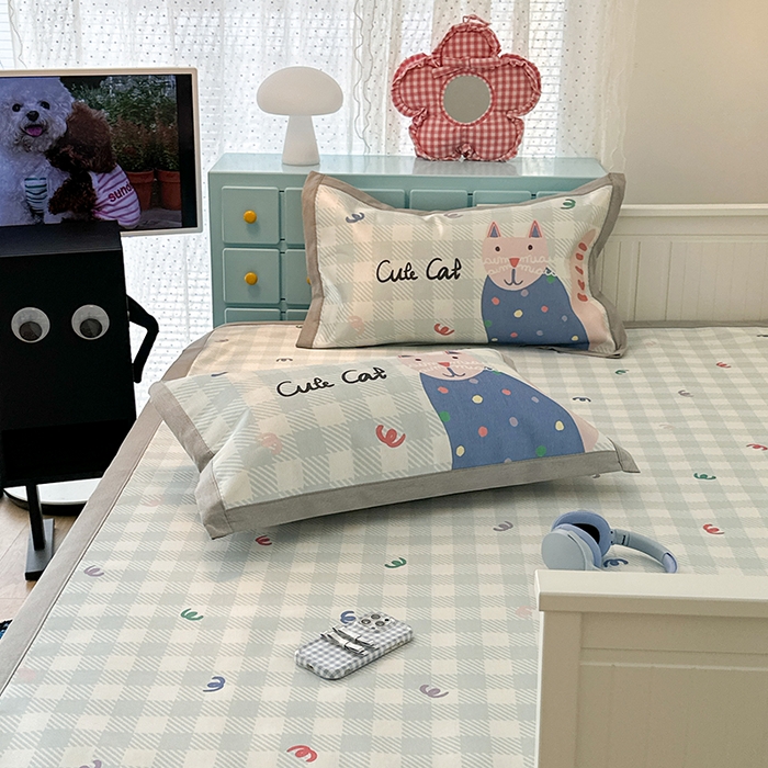 91家纺网 家纺一手货源 找家纺 昔可家纺 2024新款A类900D大版冰丝席 蓝格猫