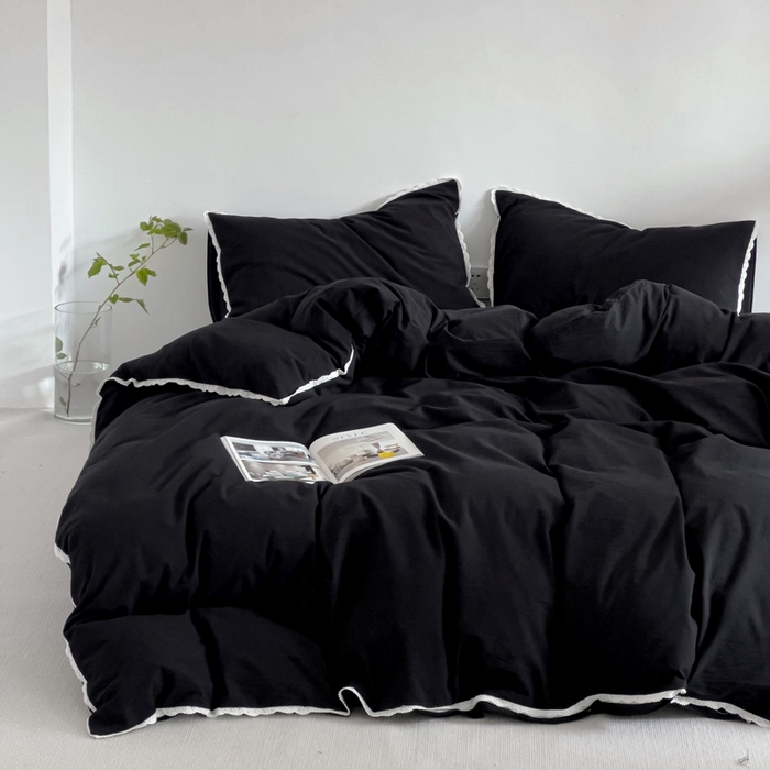 91家纺网 家纺一手货源 找家纺 梦家居 2024新款全棉色织水洗棉禁欲黑色系四件套 黑色—花边款