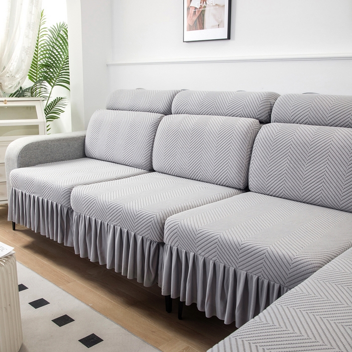 91家纺网 家纺一手货源 找家纺 千彤 2024新款裙边款弹力沙发套罩拉花绒人字纹系列沙发笠 银灰