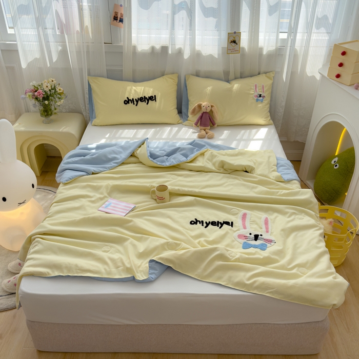 91家纺网 家纺一手货源 找家纺 曼谷家纺 软糯糯水洗棉夏凉被四件套单夏被被子 长耳兔-芝士蓝