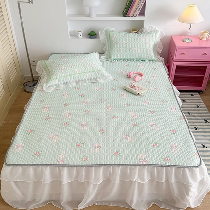 昔可 新款床裙款乳胶凉席双层雪纺纱乳胶凉席三件套 田园小兔