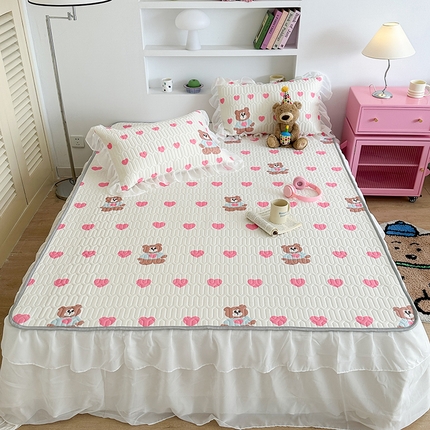 昔可 新款床裙款乳胶凉席双层雪纺纱乳胶凉席三件套 粉色心心熊