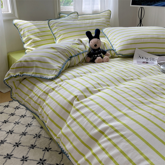 91家纺网 家纺一手货源 找家纺 857家居 2024新款贝壳边四件套 条纹-青草绿