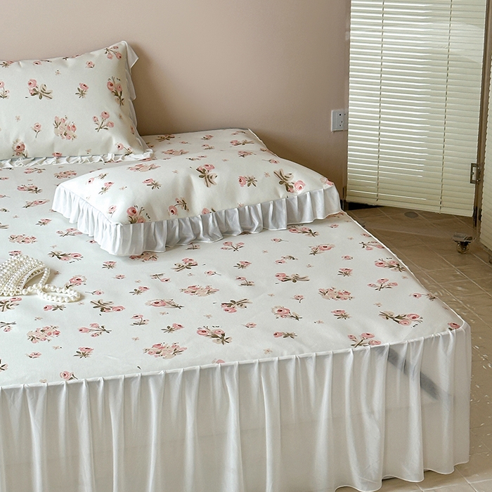 91家纺网 家纺一手货源 找家纺 昔可 2024新款A类900D仙仙雪纺纱床裙款冰丝席三件套 韩系碎花