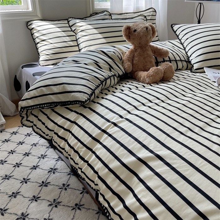 91家纺网 家纺一手货源 找家纺 857家居 2024新款贝壳边四件套 条纹-波点黑