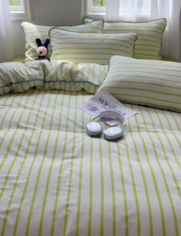 91家纺网 家纺一手货源 找家纺 857家居 2024新款贝壳边四件套 条纹-青草绿