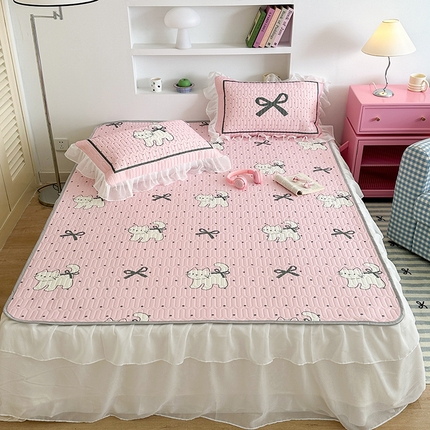 昔可 新款床裙款乳胶凉席双层雪纺纱乳胶凉席三件套 波点丝带小猫咪