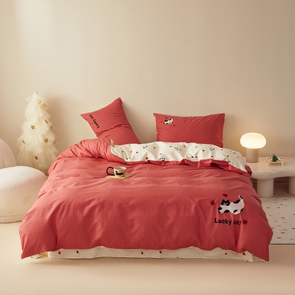 怡家居 2024新款全棉印花加绣花四件套 樱桃小猫