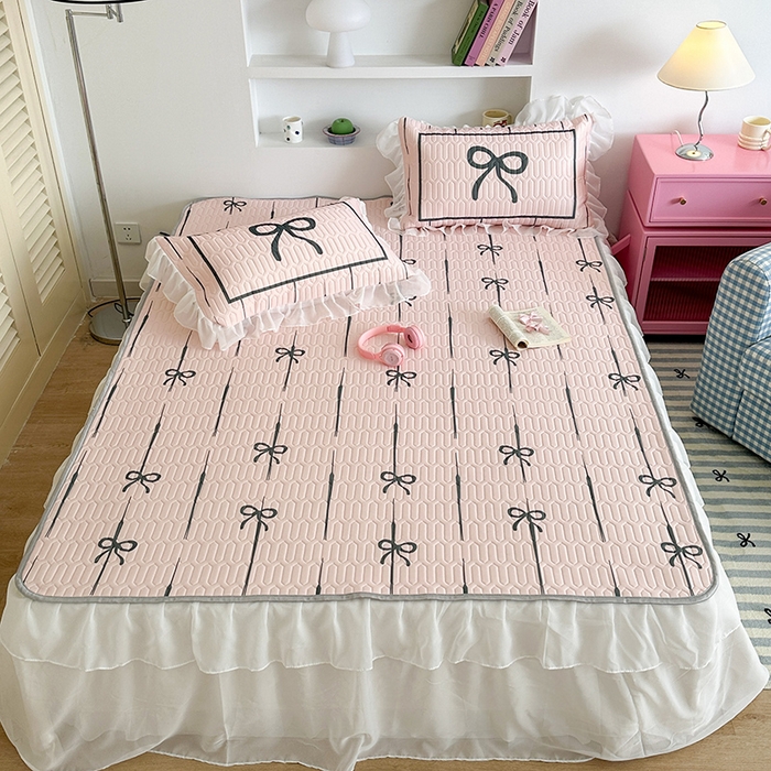 91家纺网 家纺一手货源 找家纺 昔可 新款床裙款乳胶凉席双层雪纺纱乳胶凉席三件套 芭蕾风蝴蝶结