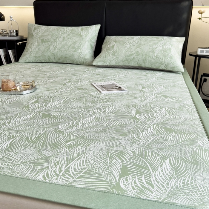 91家纺网 家纺一手货源 找家纺 慕尚家纺 2025新款1200D提花凉感席 提花席 羽毛纷飞绿