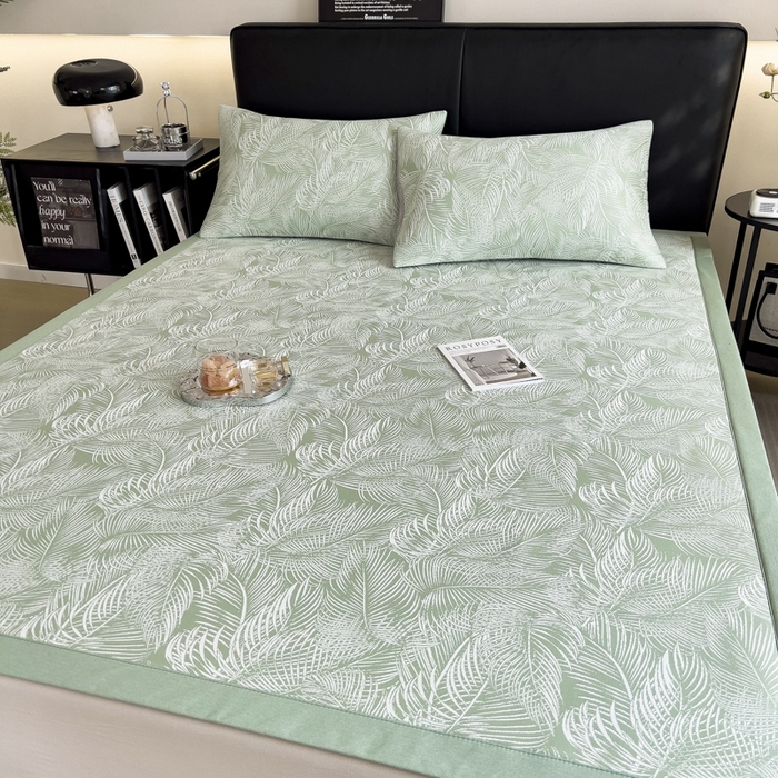 91家纺网 家纺一手货源 找家纺 慕尚家纺 2025新款1200D提花凉感席 提花席 羽毛纷飞绿