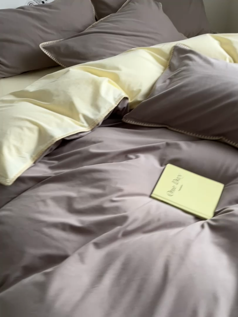 91家纺网 家纺一手货源 找家纺 眠帛 2024新款水洗棉贝壳边四件套 浅灰-奶黄