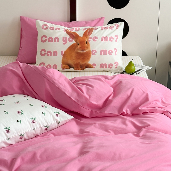 91家纺网 家纺一手货源 找家纺 艾沁 2024新款小清新全棉水洗棉四件套 粉黛佳人（枕套兔+粉）