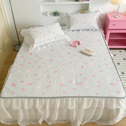 91家纺网 家纺一手货源 找家纺 昔可 新款床裙款乳胶凉席双层雪纺纱乳胶凉席三件套 玫瑰小猫咪