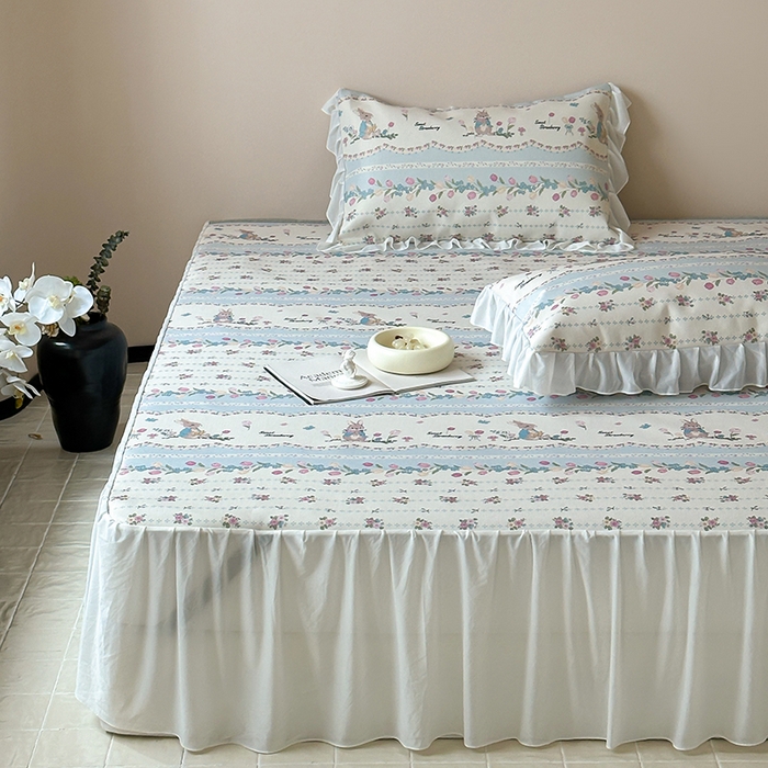 91家纺网 家纺一手货源 找家纺 昔可 2024新款A类900D仙仙雪纺纱床裙款冰丝席三件套 郁金香布兰兔