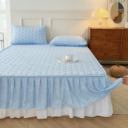 尊康家纺（原磊科） 2024新款亲肤奶昔棉夹棉床裙星空点点系列 星空点点-海天蓝