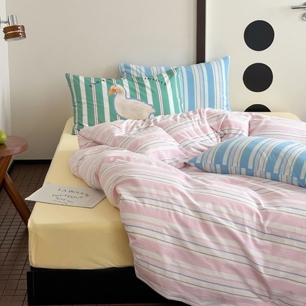 艾沁 2024新款多巴胺条纹全棉色织水洗棉四件套 宽粉条