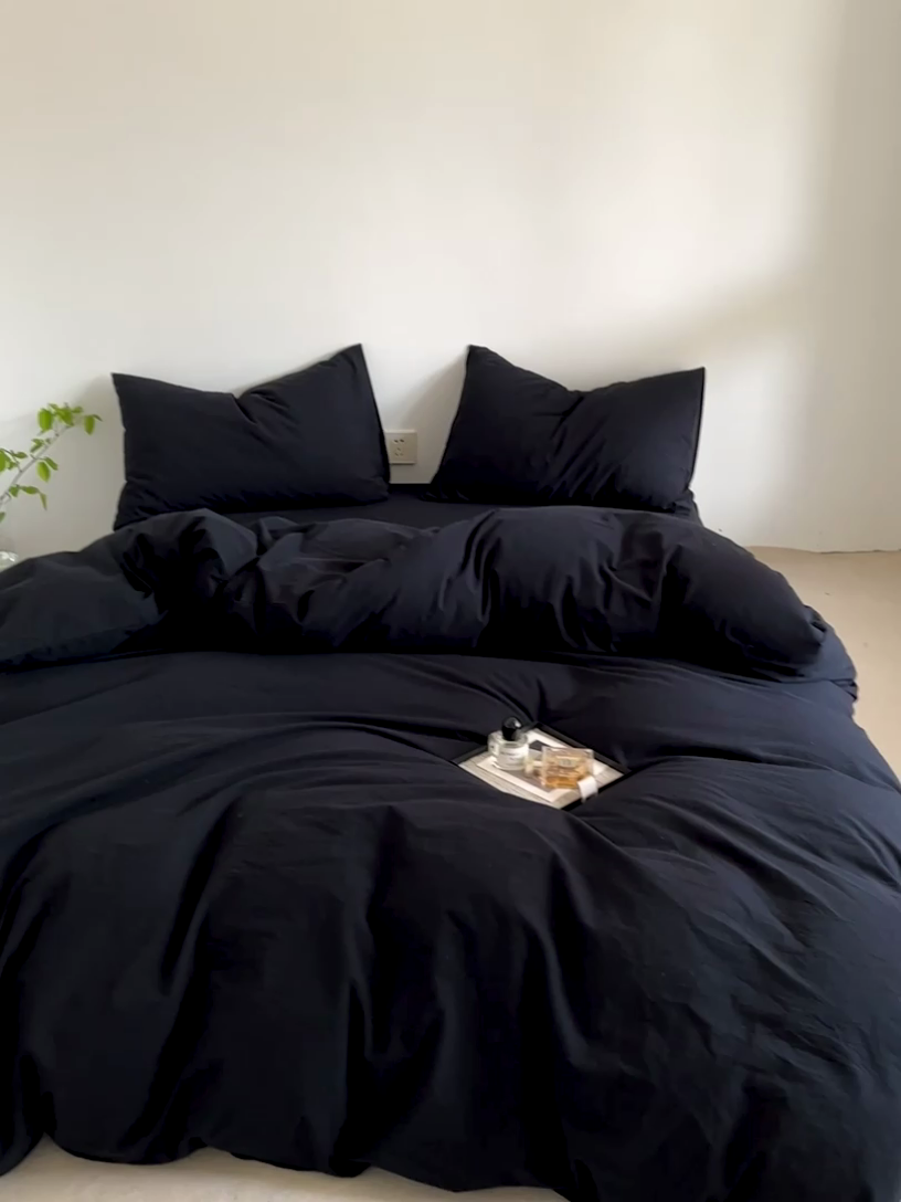 91家纺网 家纺一手货源 找家纺 梦家居 2024新款全棉色织水洗棉禁欲黑色系四件套 黑色—基础款