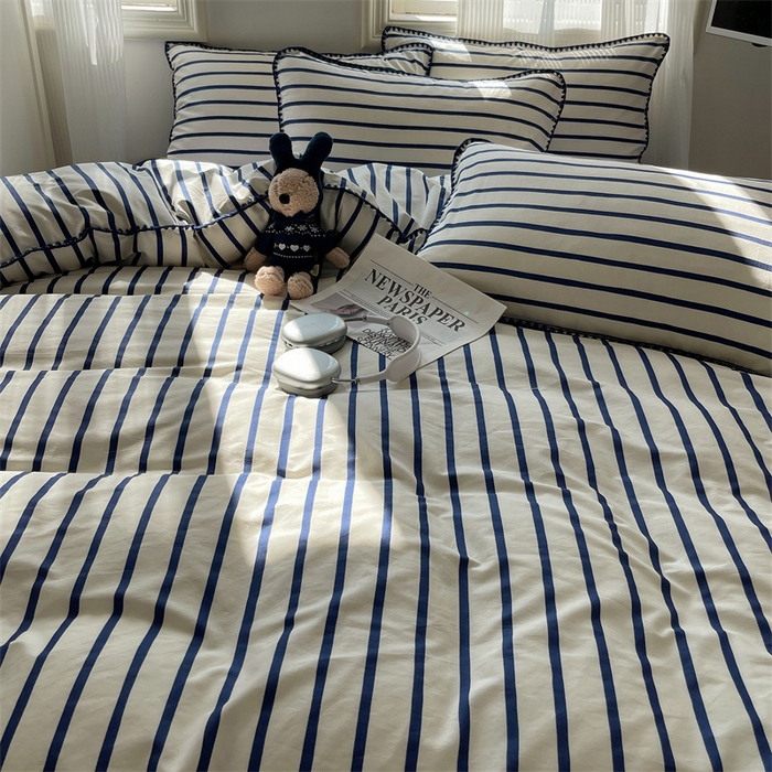 91家纺网 家纺一手货源 找家纺 857家居 2024新款贝壳边四件套 条纹-波点蓝