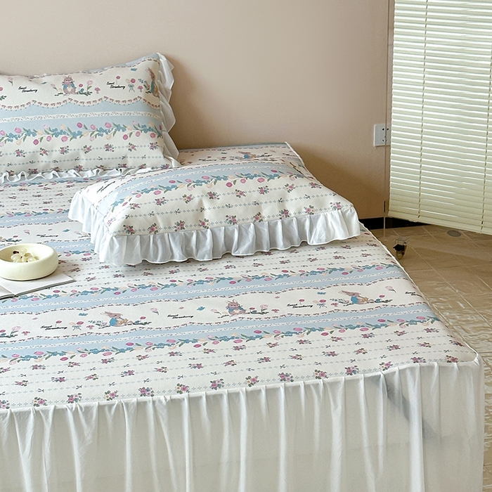 91家纺网 家纺一手货源 找家纺 昔可 2024新款A类900D仙仙雪纺纱床裙款冰丝席三件套 郁金香布兰兔