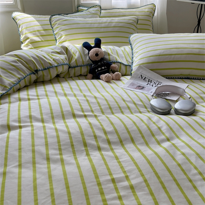 91家纺网 家纺一手货源 找家纺 857家居 2024新款贝壳边四件套 条纹-青草绿