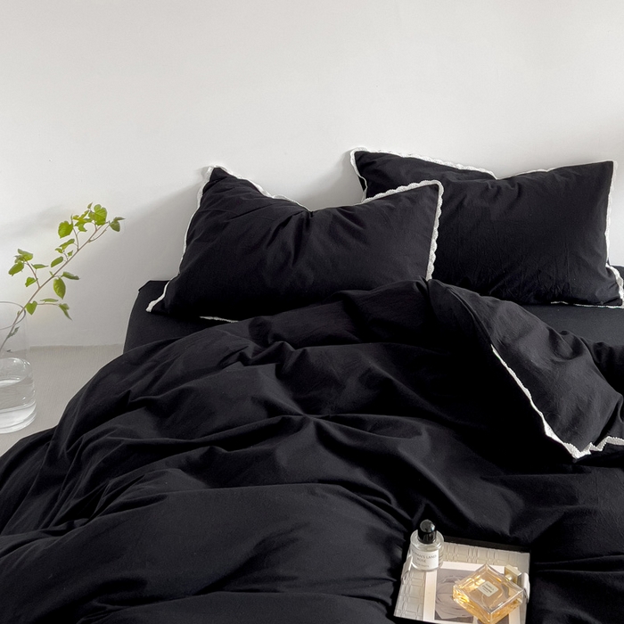 91家纺网 家纺一手货源 找家纺 梦家居 2024新款全棉色织水洗棉禁欲黑色系四件套 黑色—花边款