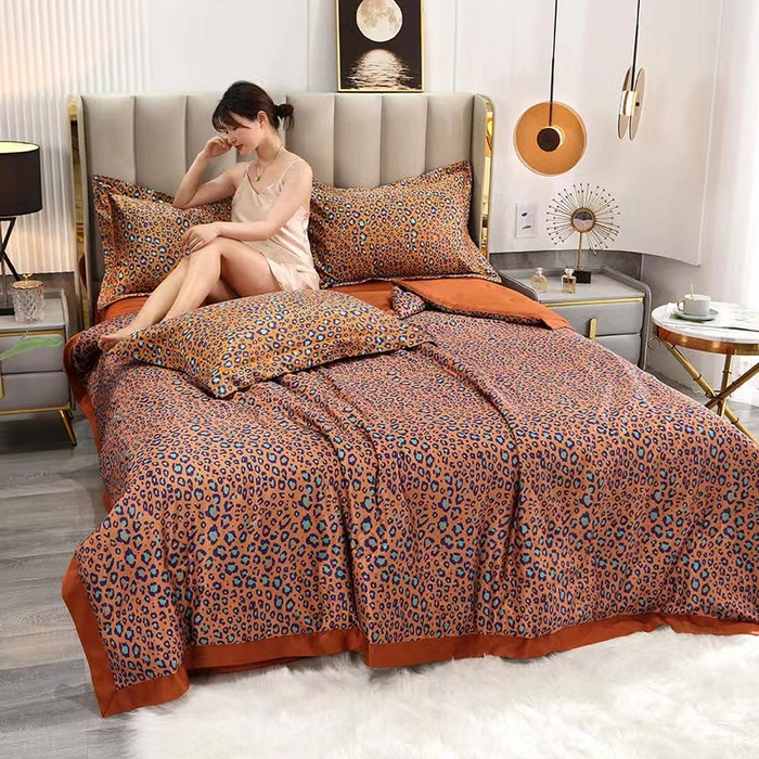 91家纺网 家纺一手货源 找家纺 丽卡家纺 2024新款水洗真丝夏被四件套 豹纹橘