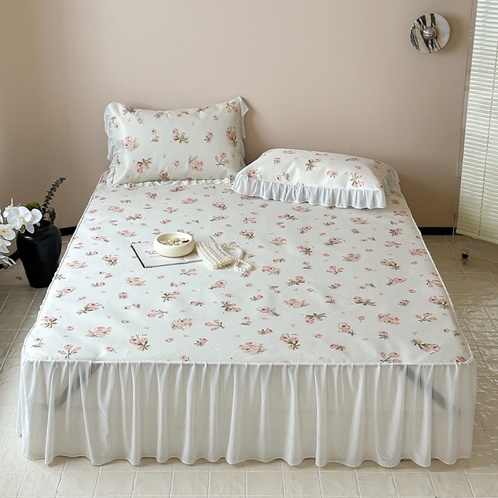 91家纺网 家纺一手货源 找家纺 昔可 2024新款A类900D仙仙雪纺纱床裙款冰丝席三件套 韩系碎花