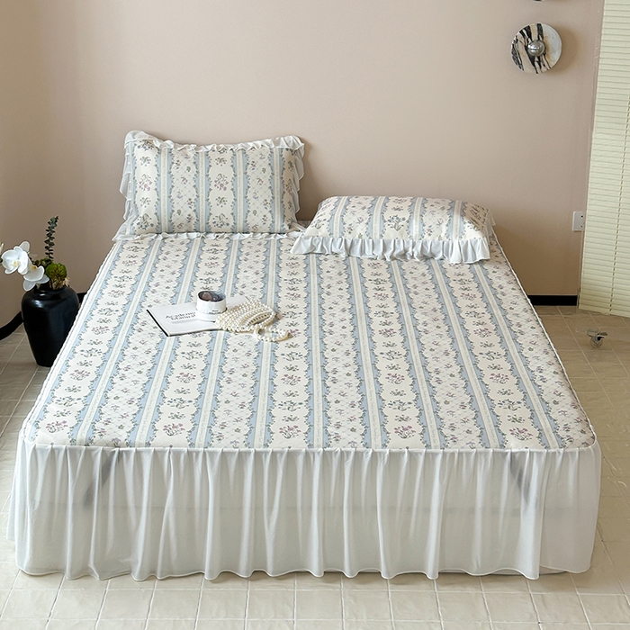 91家纺网 家纺一手货源 找家纺 昔可 2024新款A类900D仙仙雪纺纱床裙款冰丝席三件套 夏日织梦