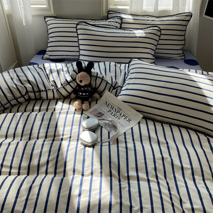 91家纺网 家纺一手货源 找家纺 857家居 2024新款贝壳边四件套 条纹-波点蓝