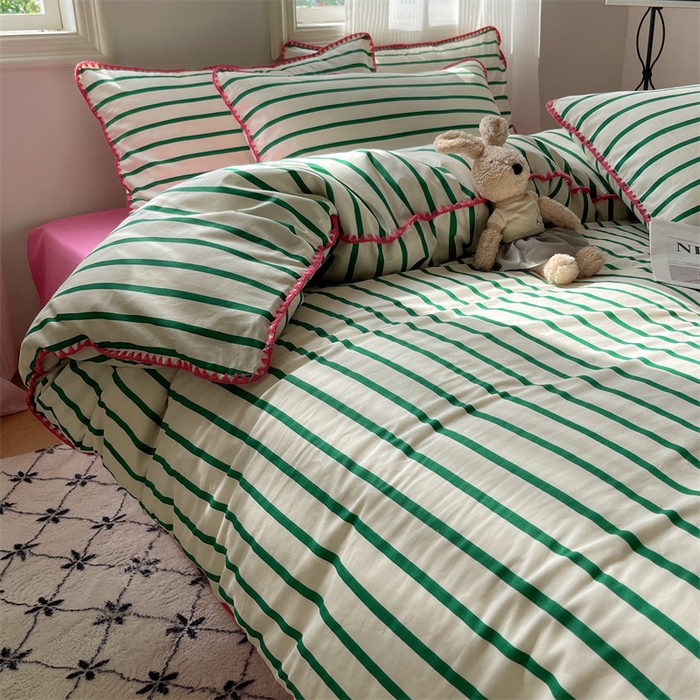 91家纺网 家纺一手货源 找家纺 857家居 2024新款贝壳边四件套 条纹-玫瑰绿