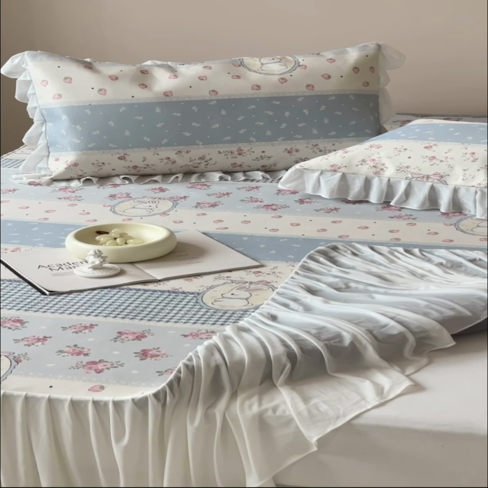 91家纺网 家纺一手货源 找家纺 昔可 2024新款A类900D仙仙雪纺纱床裙款冰丝席三件套 蕾丝草莓兔