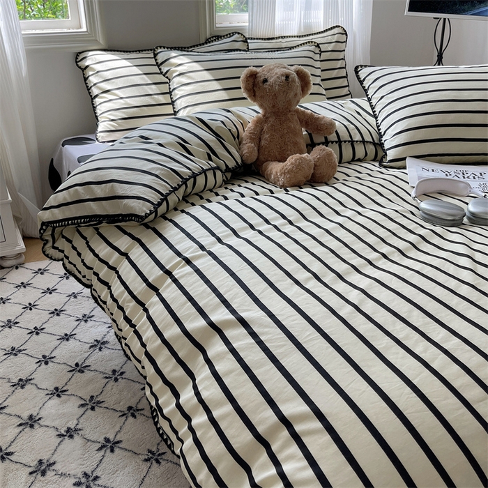 91家纺网 家纺一手货源 找家纺 857家居 2024新款贝壳边四件套 条纹-波点黑