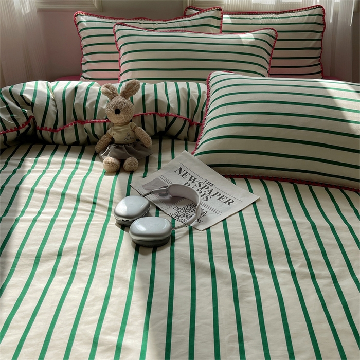 91家纺网 家纺一手货源 找家纺 857家居 2024新款贝壳边四件套 条纹-玫瑰绿