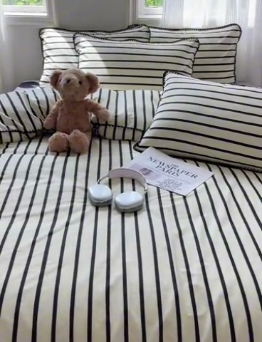 91家纺网 家纺一手货源 找家纺 857家居 2024新款贝壳边四件套 条纹-波点黑