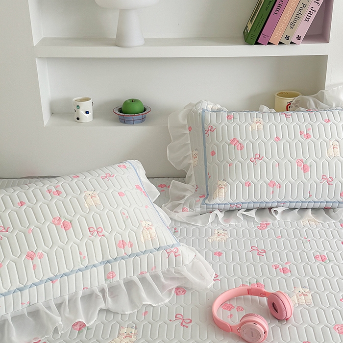 91家纺网 家纺一手货源 找家纺 昔可 新款床裙款乳胶凉席双层雪纺纱乳胶凉席三件套 玫瑰小猫咪