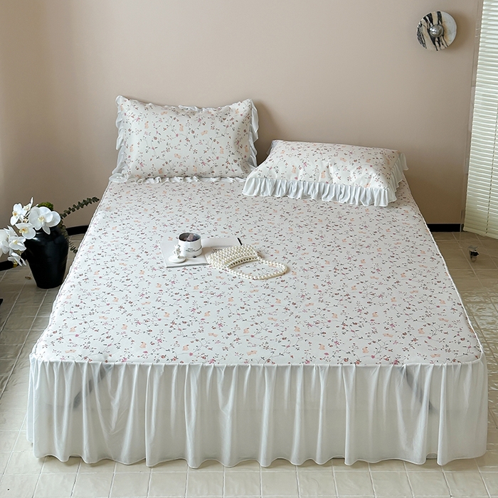 91家纺网 家纺一手货源 找家纺 昔可 2024新款A类900D仙仙雪纺纱床裙款冰丝席三件套 花园萌兔