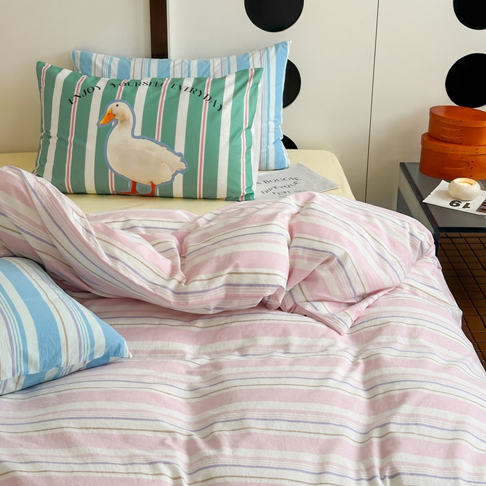 91家纺网 家纺一手货源 找家纺 （总）艾沁 2024新款多巴胺条纹全棉色织水洗棉四件套