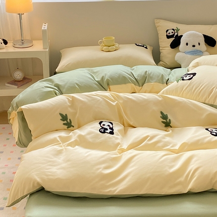 眠帛 2024新款亲肤棉卡通毛巾绣四件套 熊猫-奶黄果绿