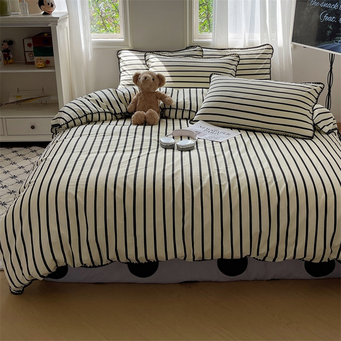 91家纺网 家纺一手货源 找家纺 857家居 2024新款贝壳边四件套 条纹-波点黑