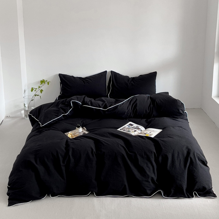 91家纺网 家纺一手货源 找家纺 梦家居 2024新款全棉色织水洗棉禁欲黑色系四件套 黑色—滚边款