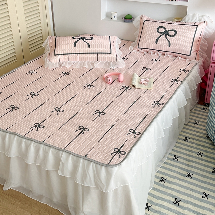 91家纺网 家纺一手货源 找家纺 昔可 新款床裙款乳胶凉席双层雪纺纱乳胶凉席三件套 芭蕾风蝴蝶结