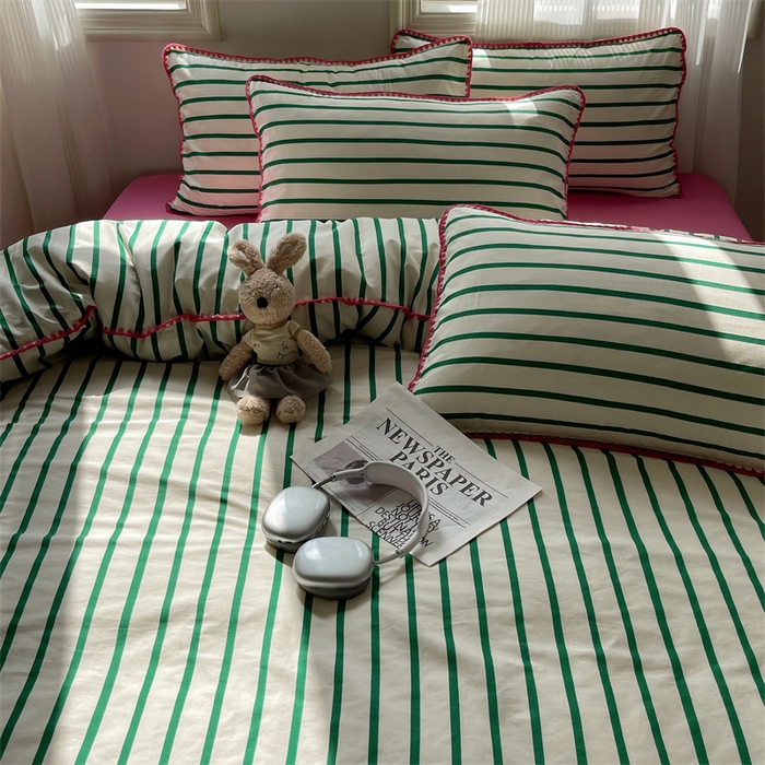 91家纺网 家纺一手货源 找家纺 857家居 2024新款贝壳边四件套 条纹-玫瑰绿