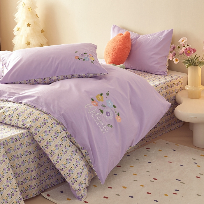 91家纺网 家纺一手货源 找家纺 怡家居 2024新款全棉印花加绣花四件套 紫嫣