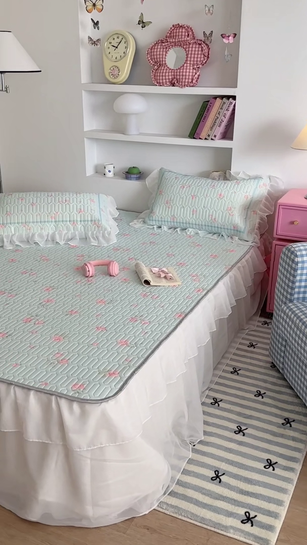 91家纺网 家纺一手货源 找家纺 昔可 新款床裙款乳胶凉席双层雪纺纱乳胶凉席三件套 少女玫瑰