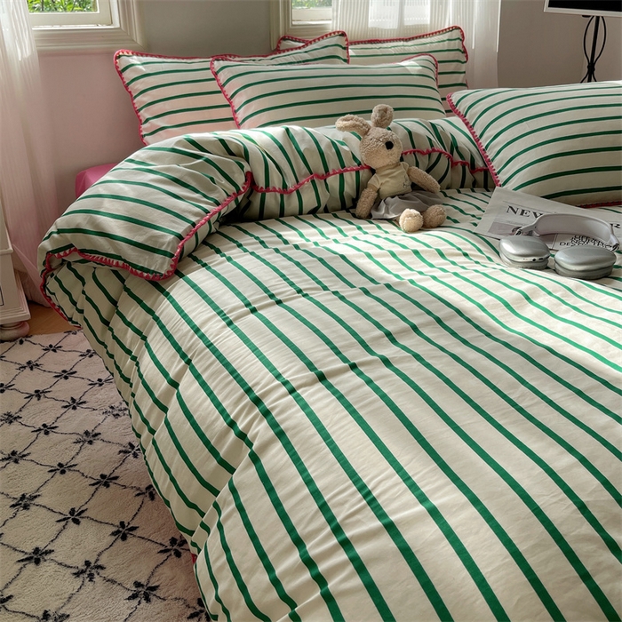 91家纺网 家纺一手货源 找家纺 857家居 2024新款贝壳边四件套 条纹-玫瑰绿