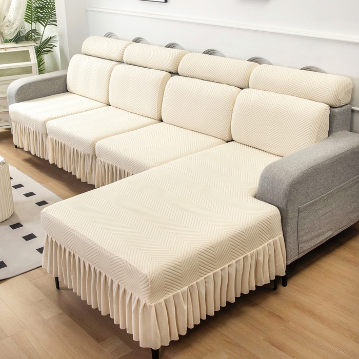 91家纺网 家纺一手货源 找家纺 千彤 2024新款裙边款弹力沙发套罩拉花绒人字纹系列沙发笠 米黄