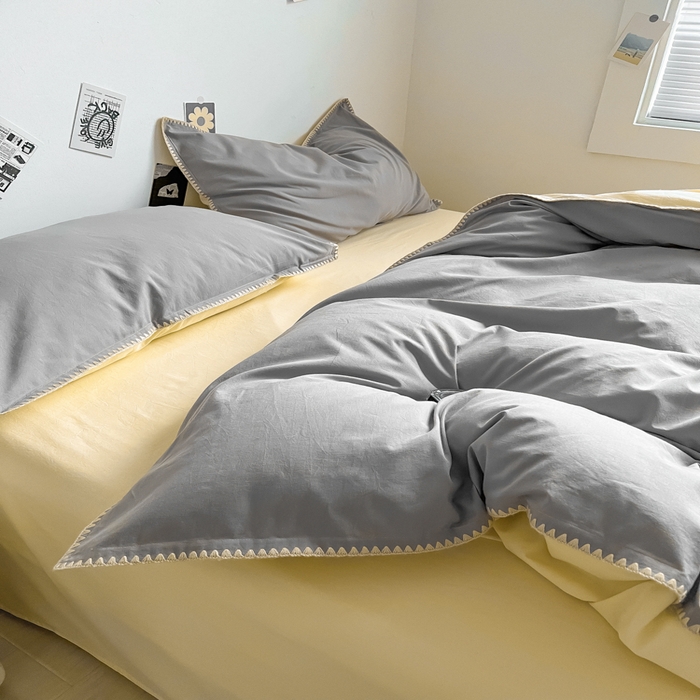 91家纺网 家纺一手货源 找家纺 眠帛 2024新款水洗棉贝壳边四件套 浅灰-奶黄