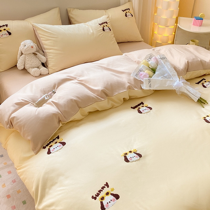 91家纺网 家纺一手货源 找家纺 眠帛 2024新款亲肤棉卡通毛巾绣四件套 帕恰-奶黄奶茶